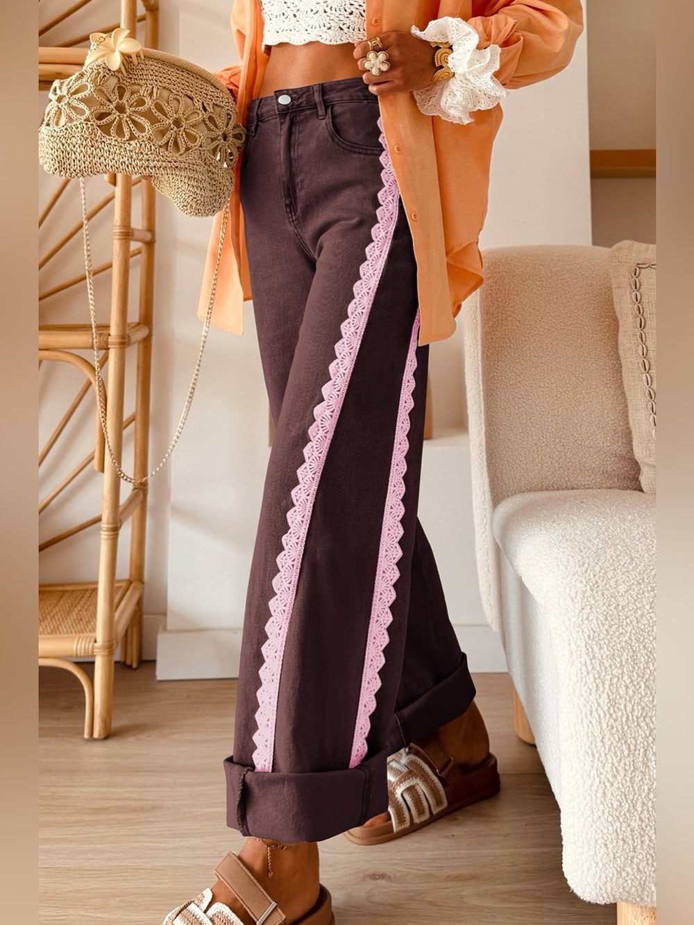 Lace Trim Casual Full-Length Regular Fit Jeans
